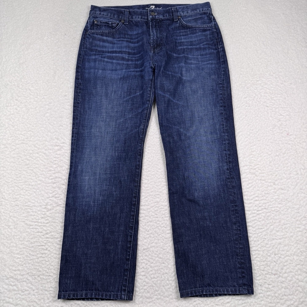 7 For All Mankind Standard Straight Jeans Mens 34 Blue Dark Wash Whiskered 34x29